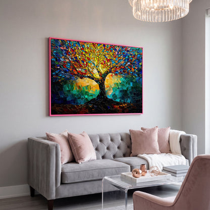 Colorful Tree of Life Canvas Print with Mosaic Detail in pink floating frame