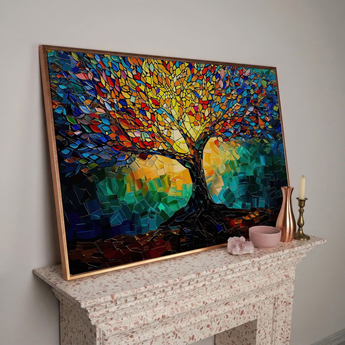 Colorful Tree of Life Canvas Print with Mosaic Detail in rose gold floating frame