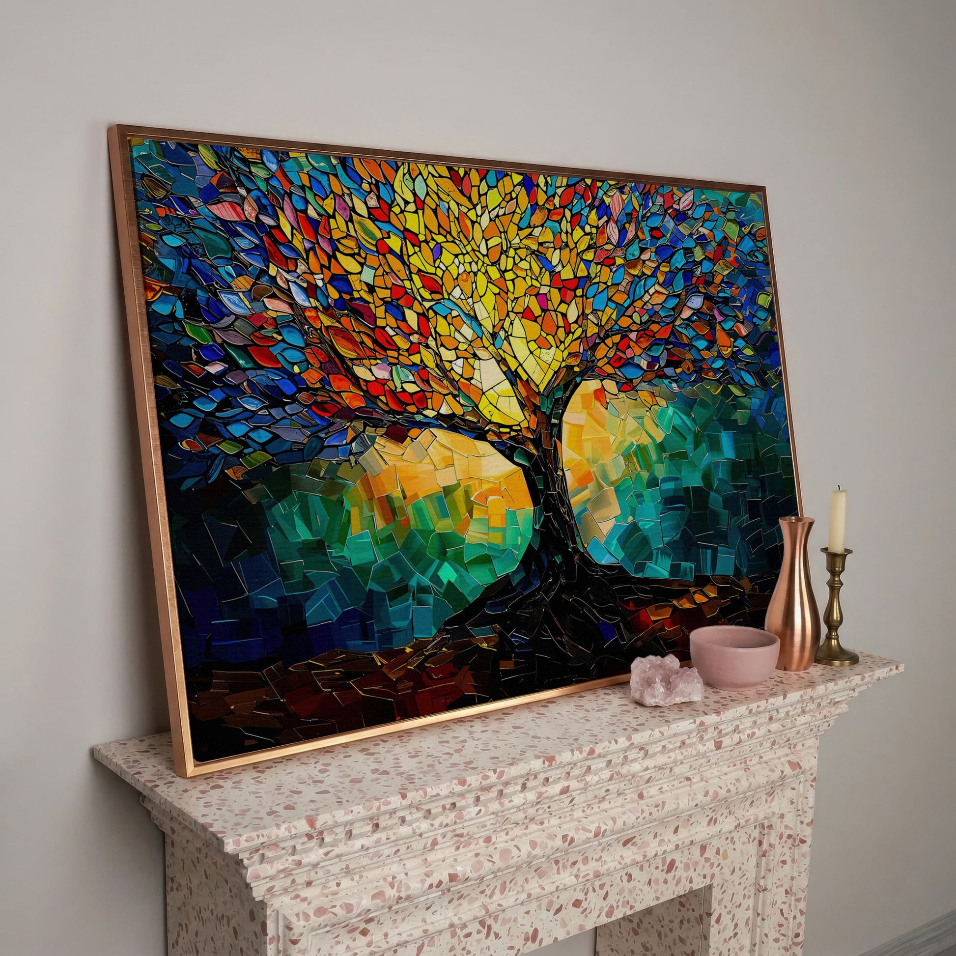 Colorful Tree of Life Canvas Print with Mosaic Detail in rose gold floating frame