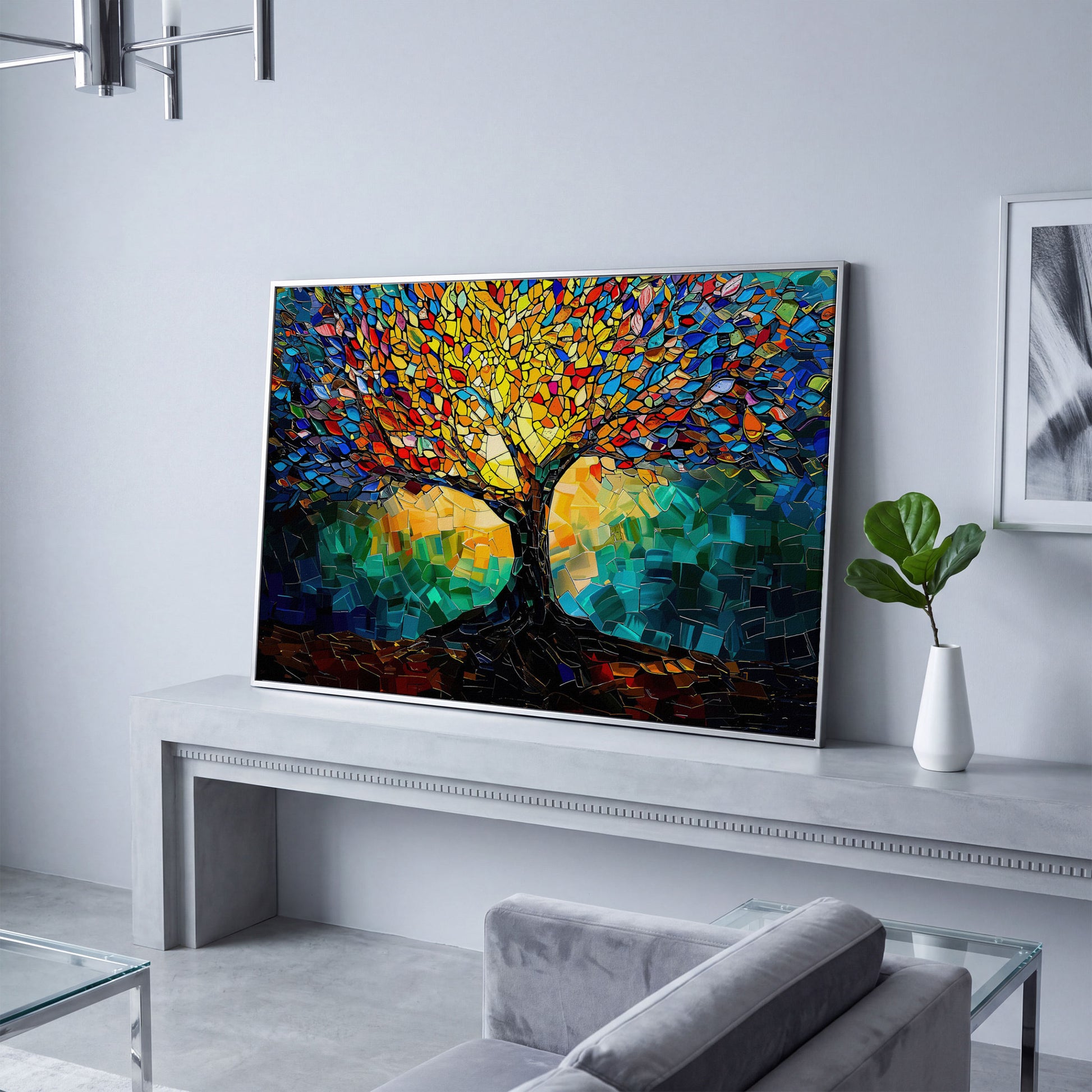 Colorful Tree of Life Canvas Print with Mosaic Detail in silver floating frame