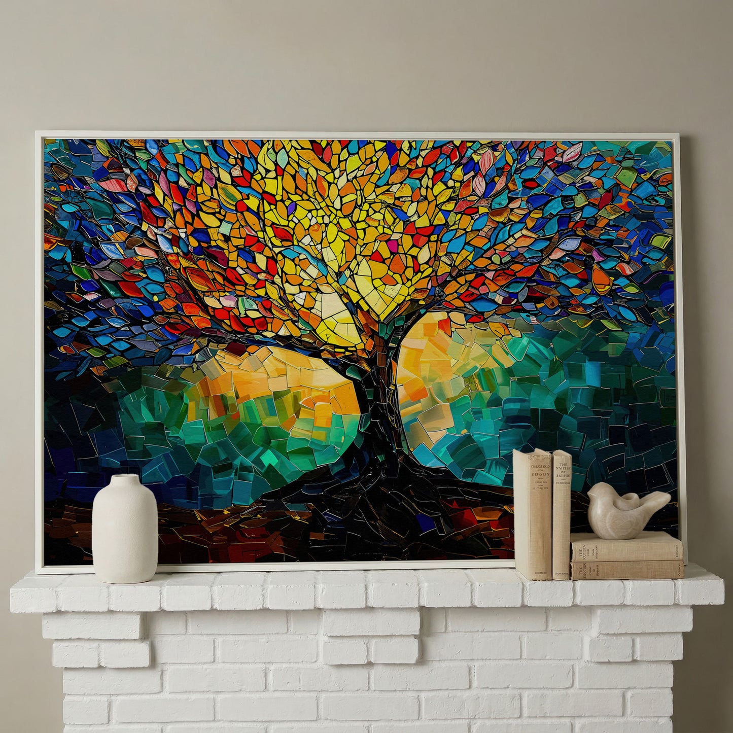 Colorful Tree of Life Canvas Print with Mosaic Detail in white floating frame