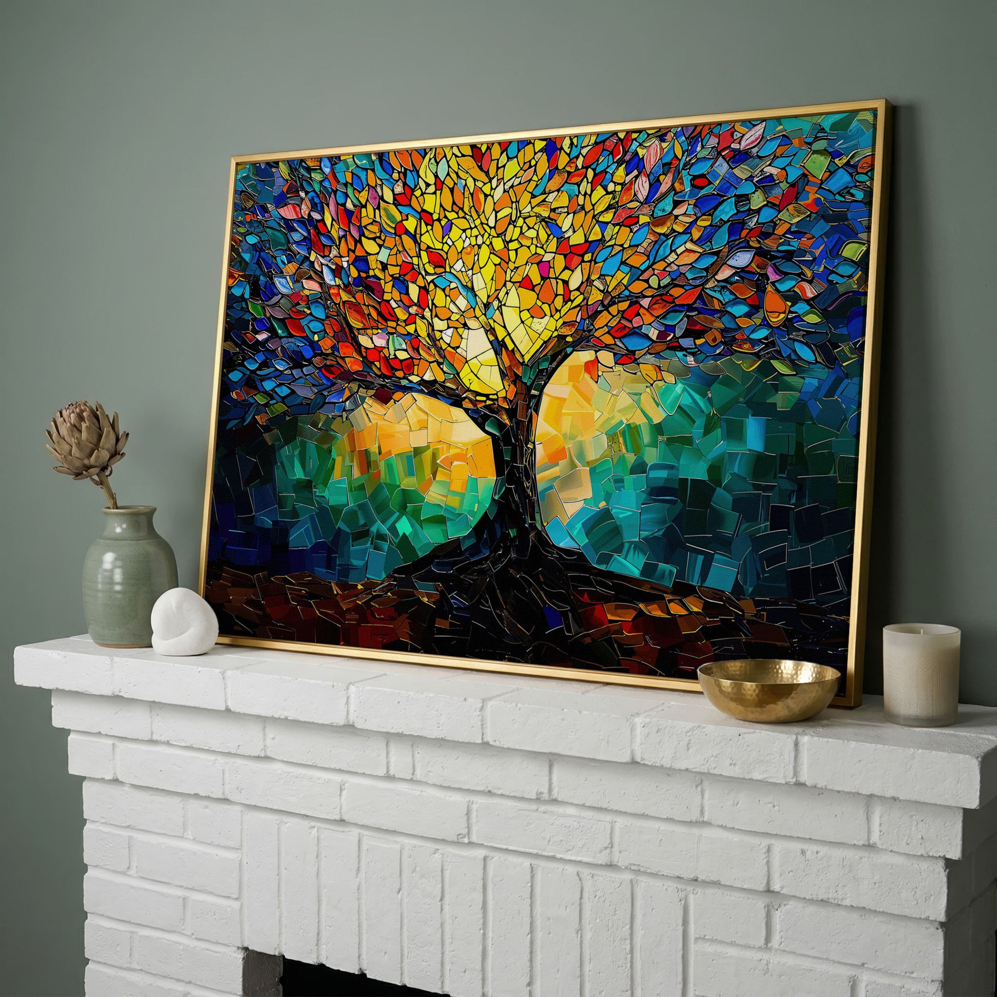 Colorful Tree of Life Canvas Print with Mosaic Detail in yellow gold floating frame