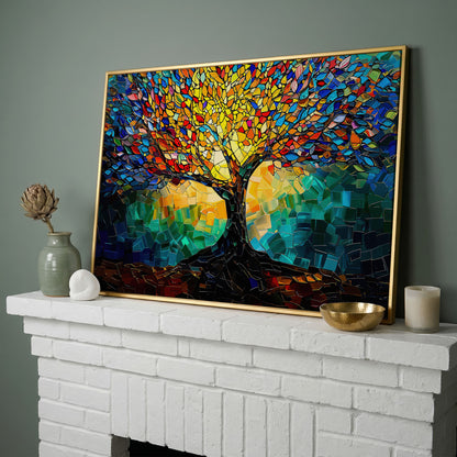 Colorful Tree of Life Canvas Print with Mosaic Detail in yellow gold floating frame