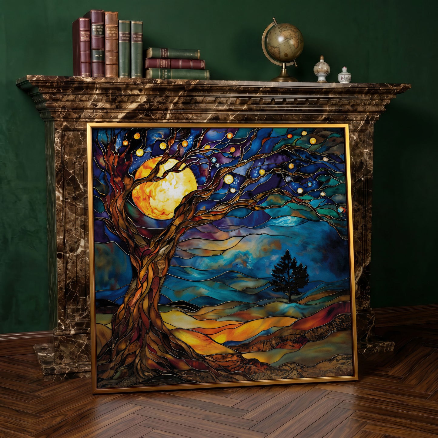 Tree of Life with Moon Canvas in antique gold floating frame