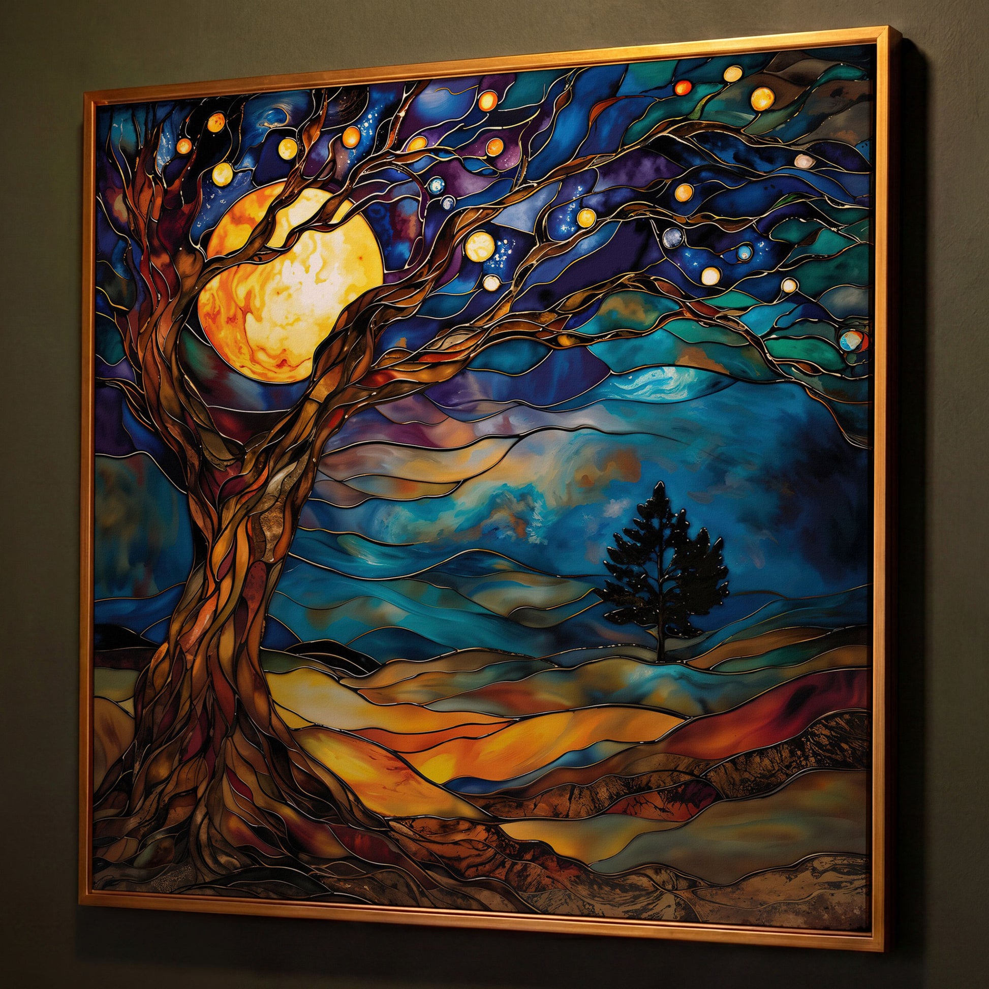 Tree of Life with Moon Canvas shown in antique gold floating frame