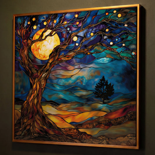 Tree of Life with Moon Canvas shown in antique gold floating frame