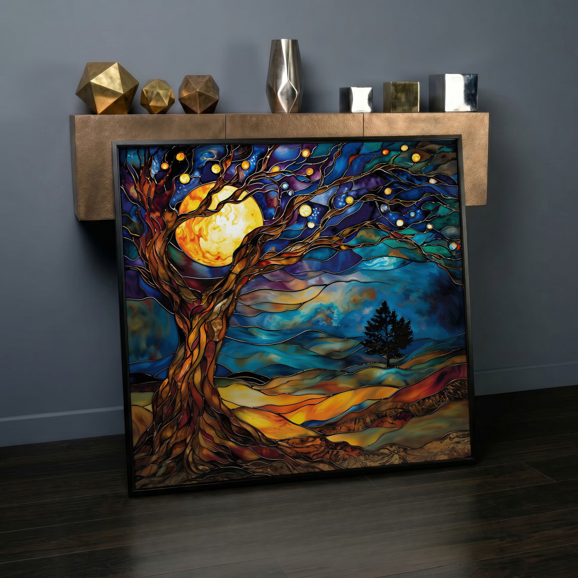 Tree of Life with Moon Canvas in black floating frame