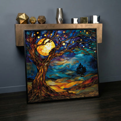 Tree of Life with Moon Canvas in black floating frame