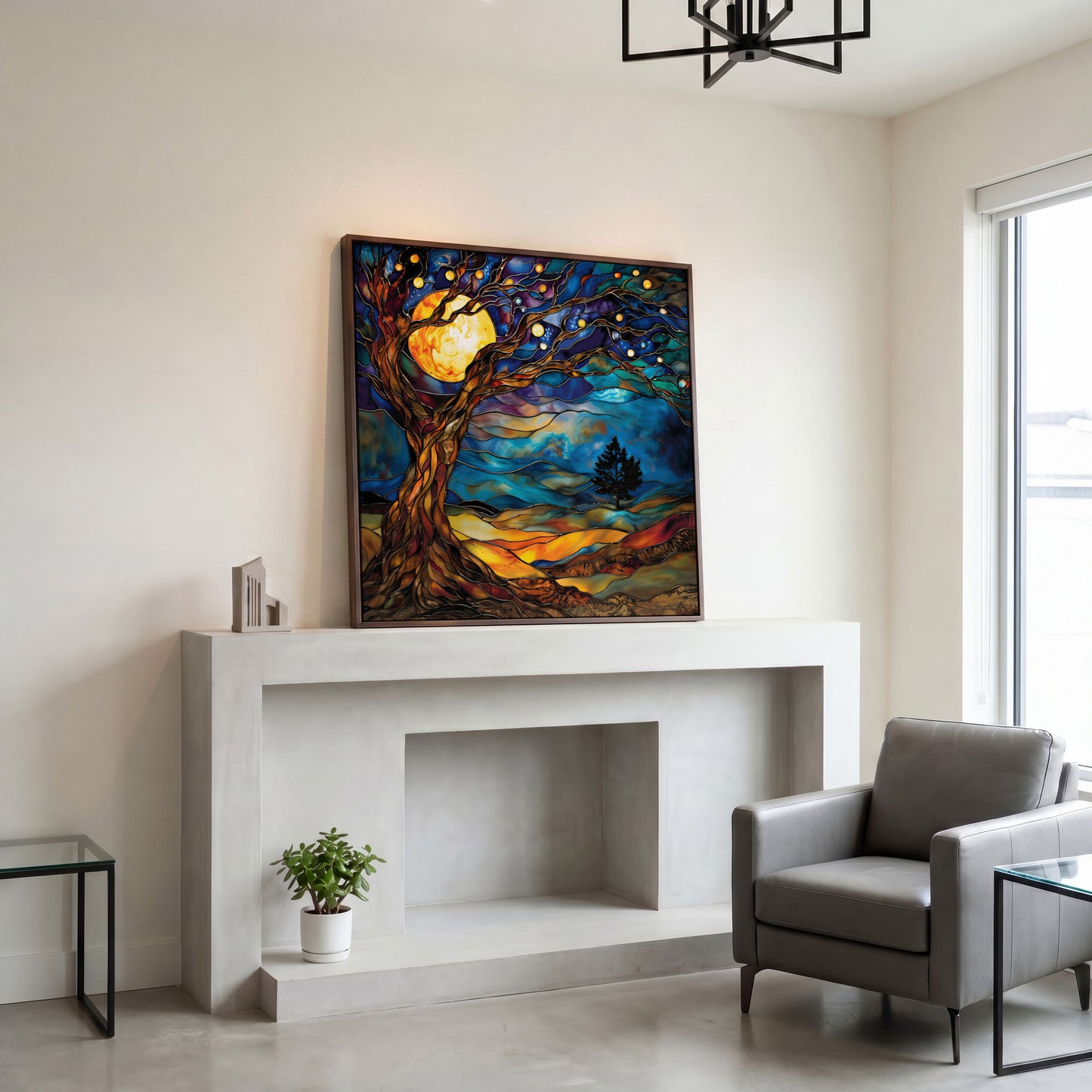 Tree of Life with Moon Canvas in dark walnut floating frame