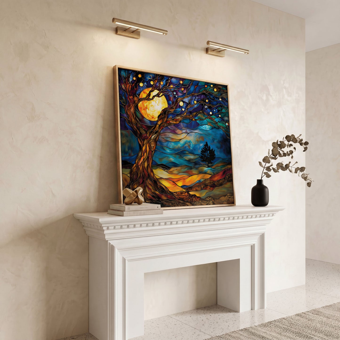 Tree of Life with Moon Canvas in white oak floating frame