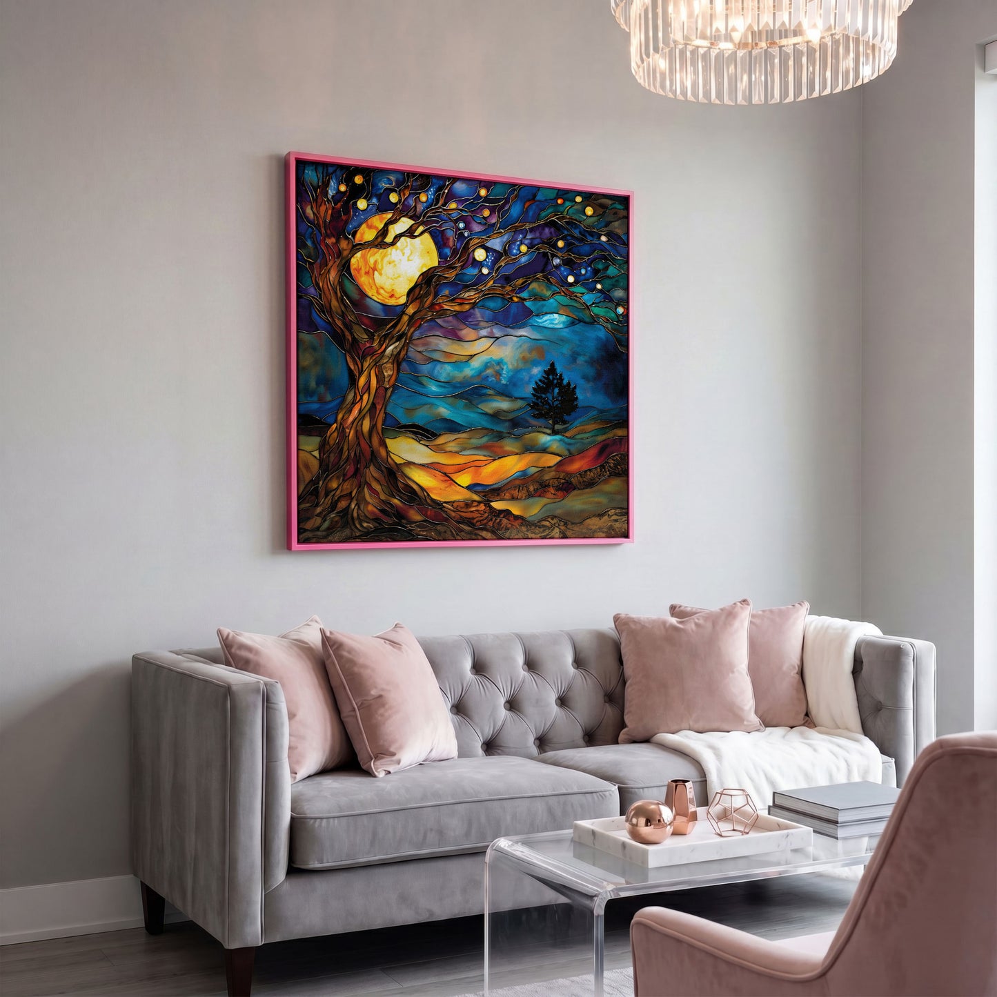 Tree of Life with Moon Canvas in pink floating frame