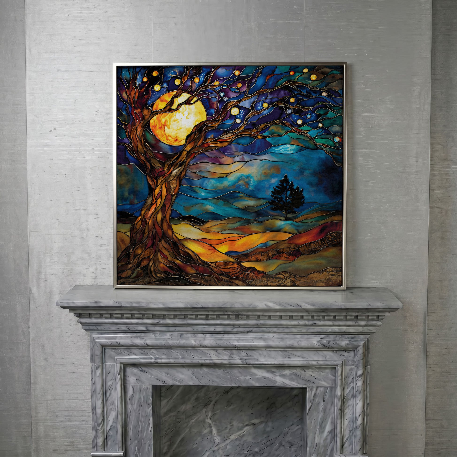 Tree of Life with Moon Canvas in silver floating frame