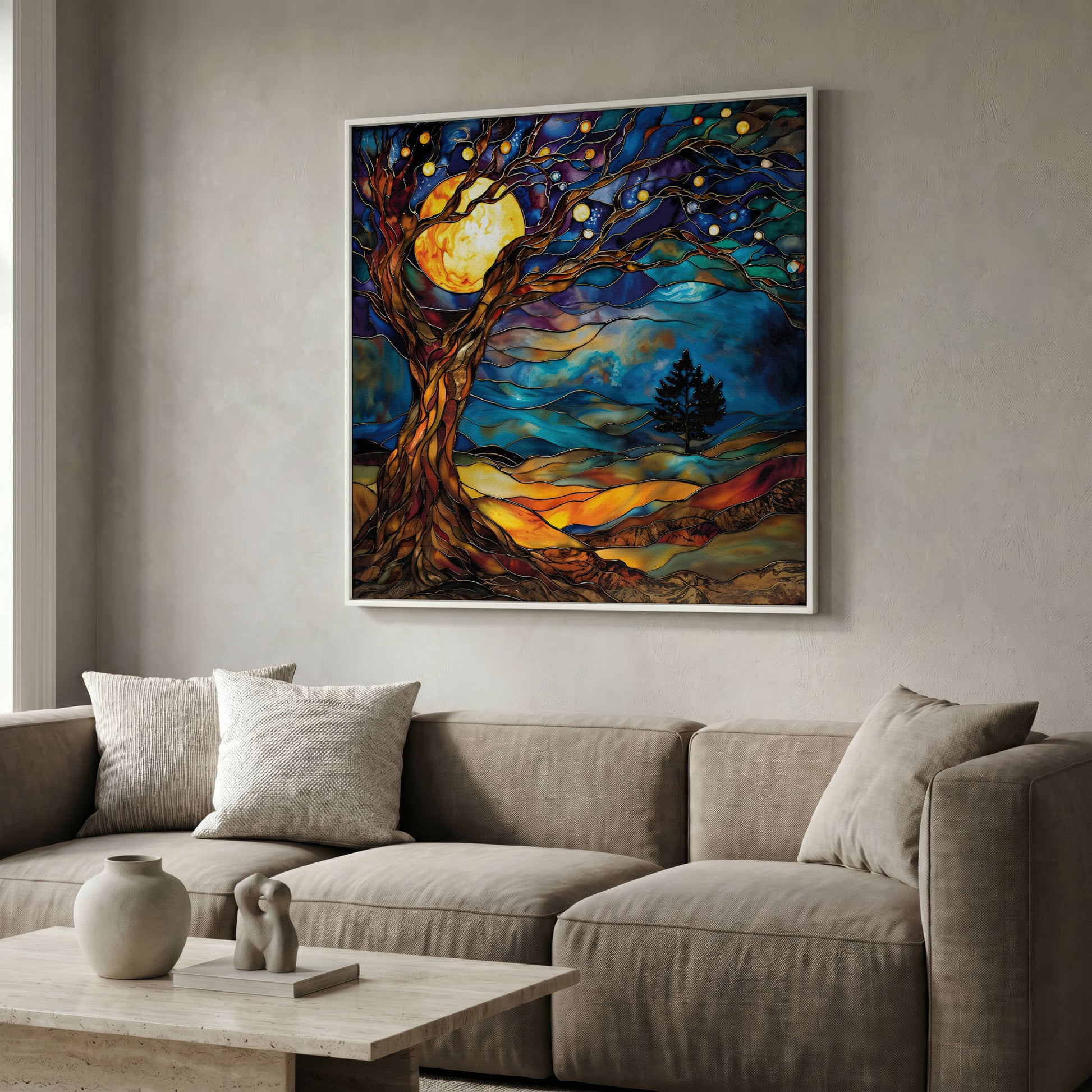 Tree of Life with Moon Canvas in white floating frame