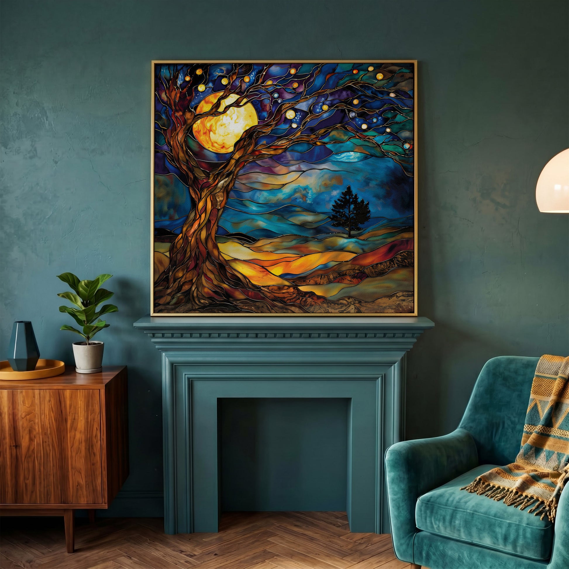 Tree of Life with Moon Canvas in yellow gold floating frame