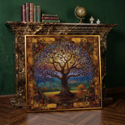 Yggdrasil Tree of Life Canvas in antique gold floating frame