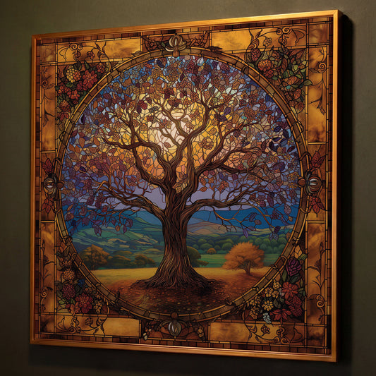 Yggdrasil Tree of Life Canvas shown in antique gold floating frame