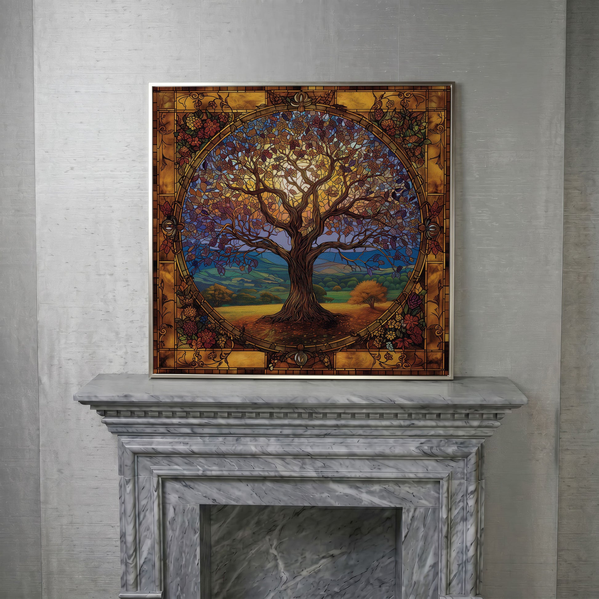 Yggdrasil Tree of Life Canvas in silver floating frame