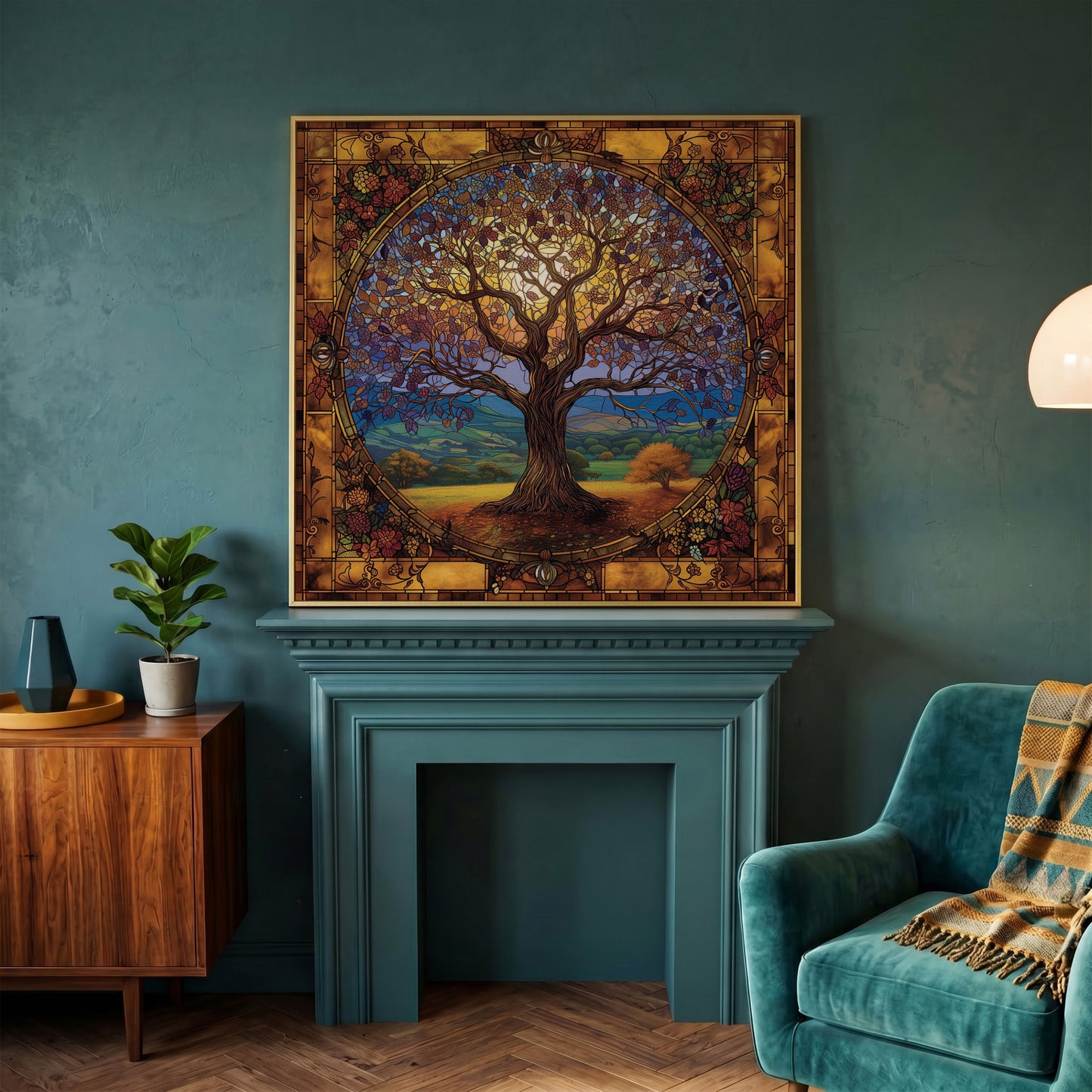 Yggdrasil Tree of Life Canvas in yellow gold floating frame