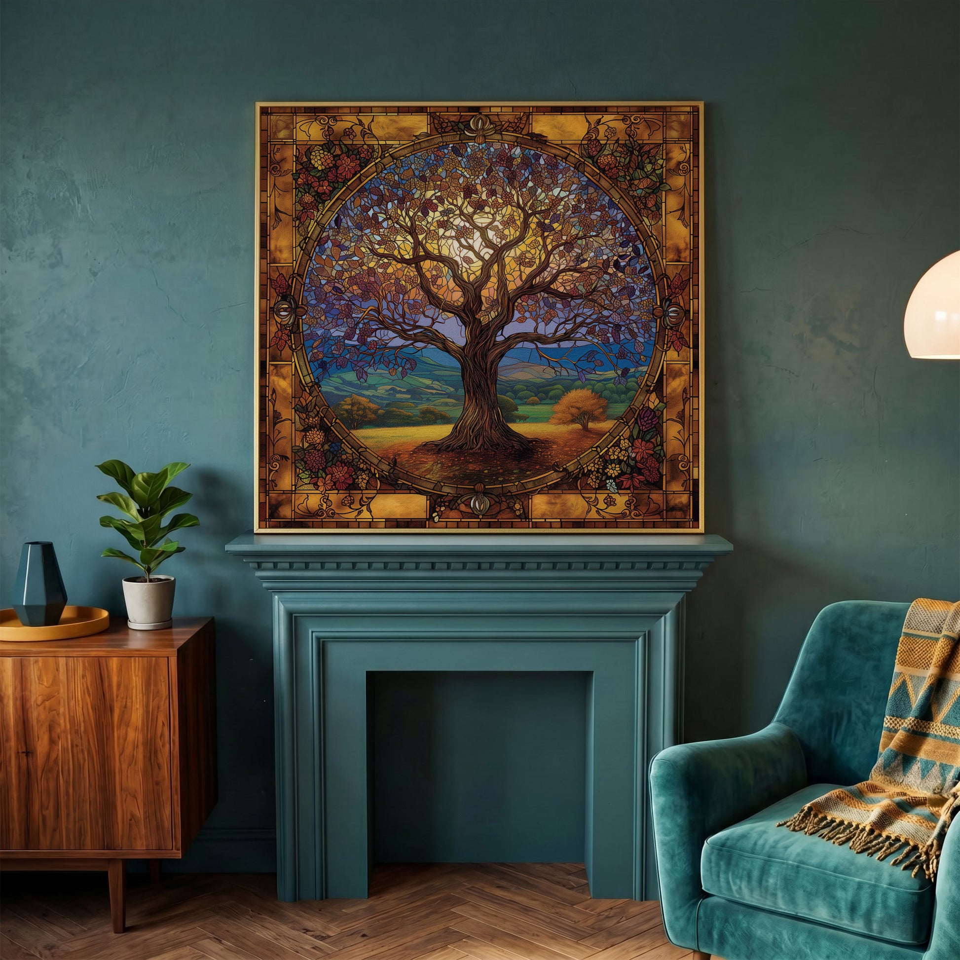 Yggdrasil Tree of Life Canvas in yellow gold floating frame