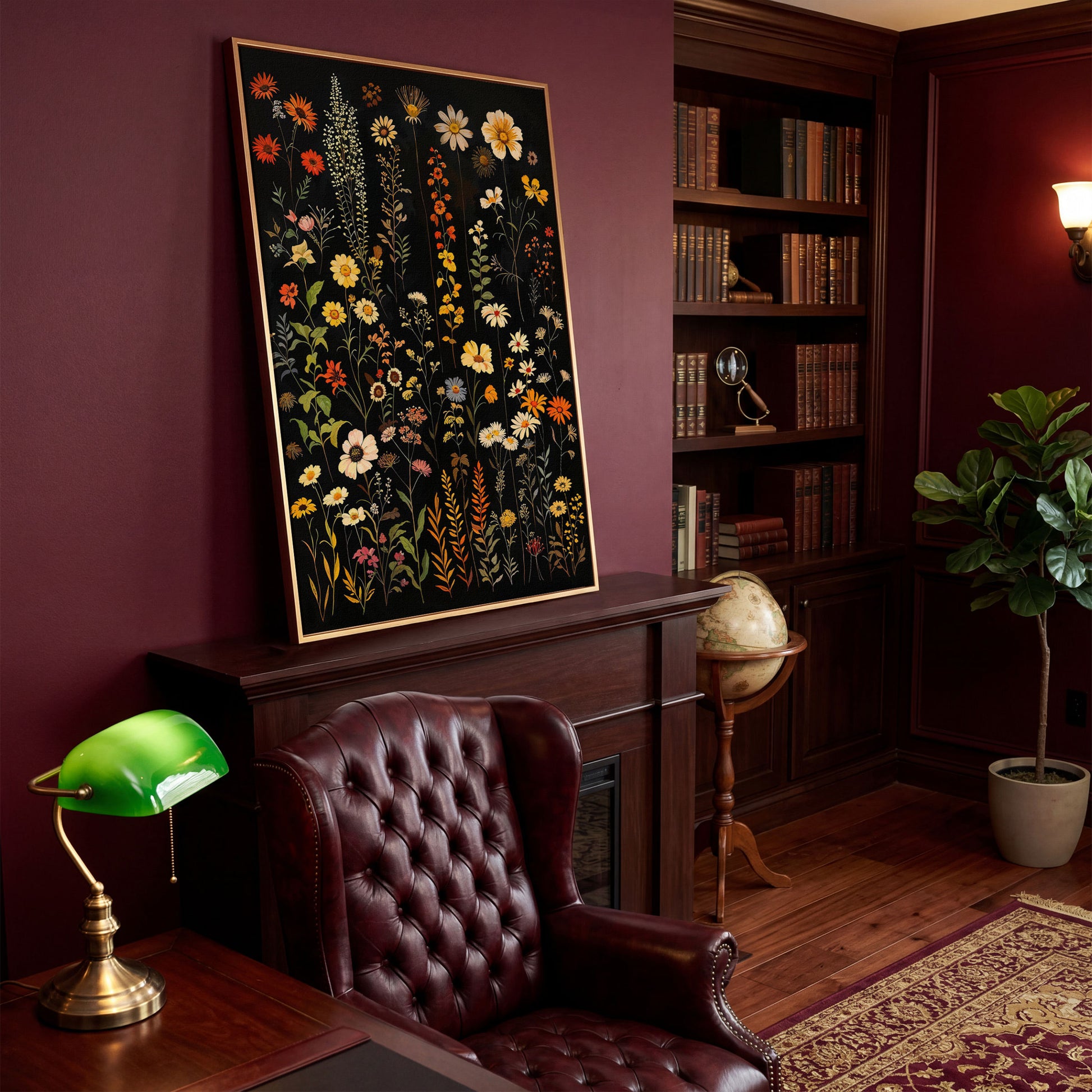 Dark Wildflower Canvas Print, Burnt Orange and Mustard in antique gold floating frame