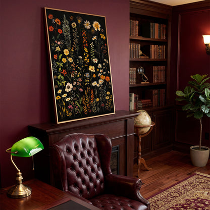 Dark Wildflower Canvas Print, Burnt Orange and Mustard in antique gold floating frame