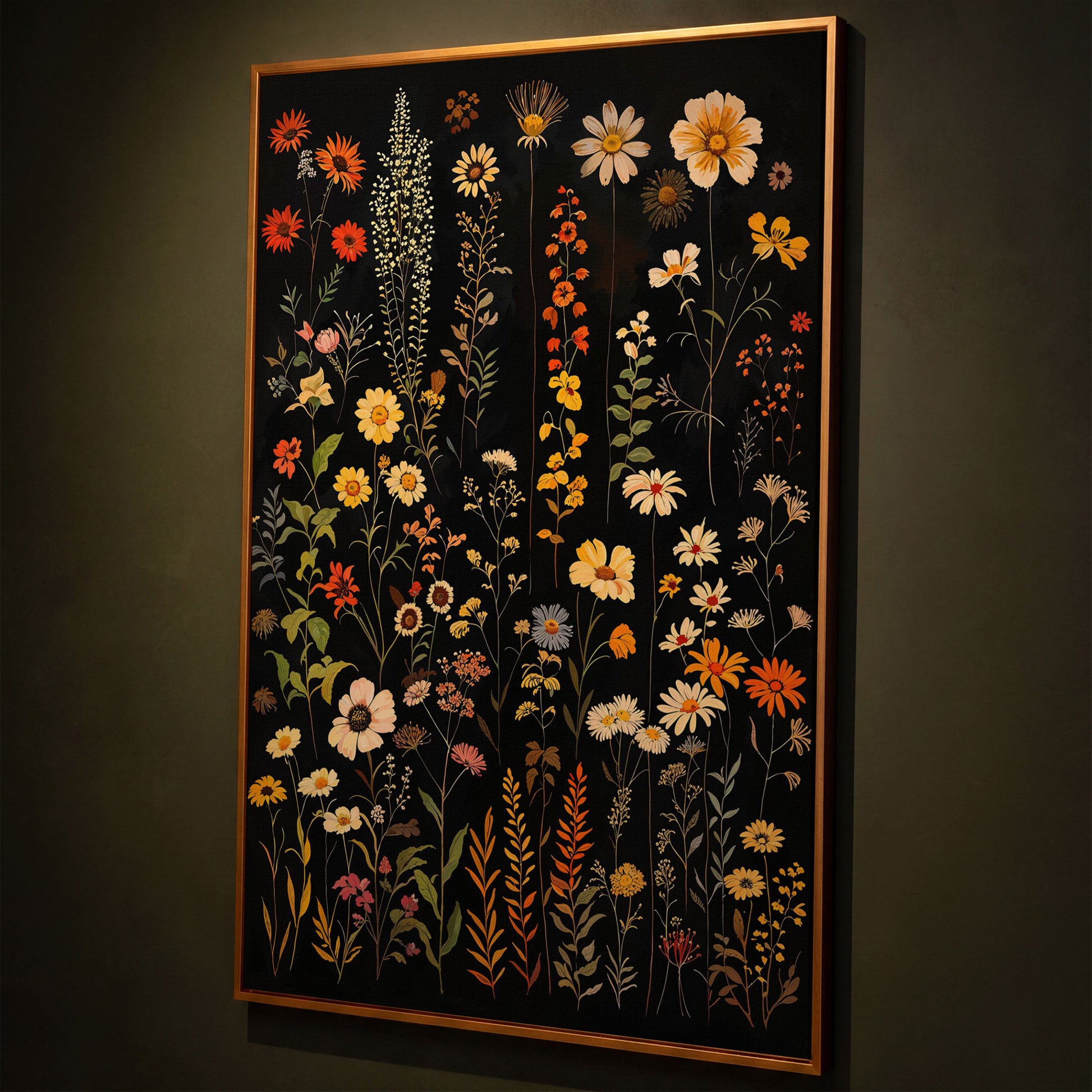 Dark Wildflower Canvas Print, Burnt Orange and Mustard shown in antique gold floating frame