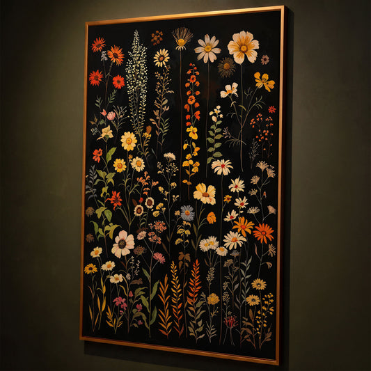 Dark Wildflower Canvas Print, Burnt Orange and Mustard shown in antique gold floating frame