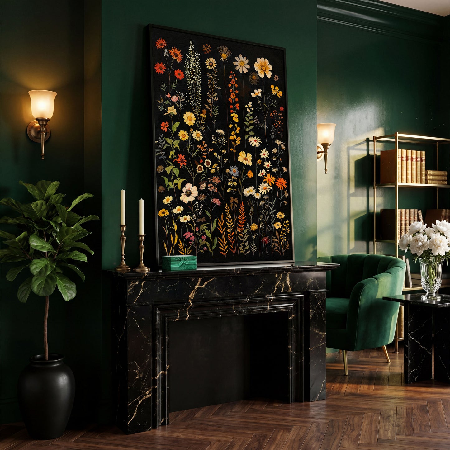 Dark Wildflower Canvas Print, Burnt Orange and Mustard in black floating frame