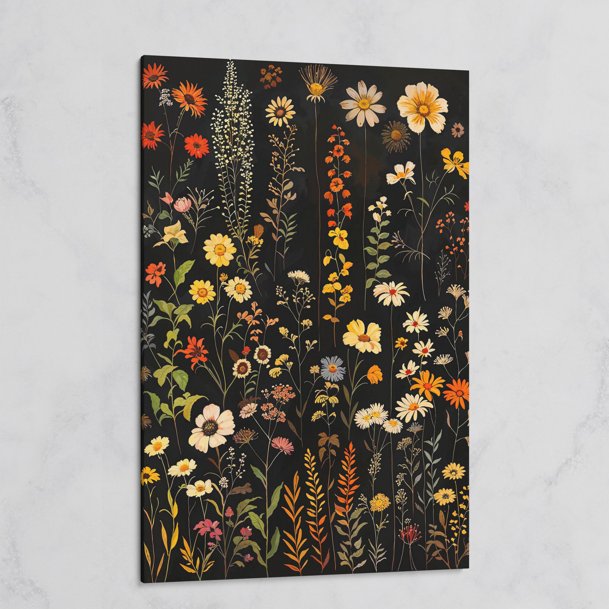 Dark Wildflower Canvas Print, Burnt Orange and Mustard on gallery wrap