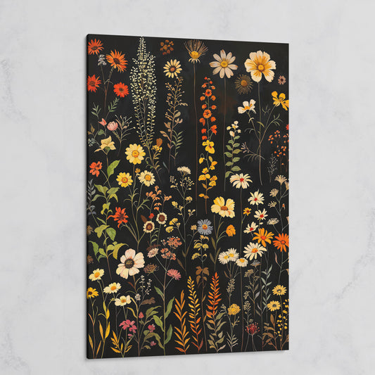 Dark Wildflower Canvas Print, Burnt Orange and Mustard on gallery wrap