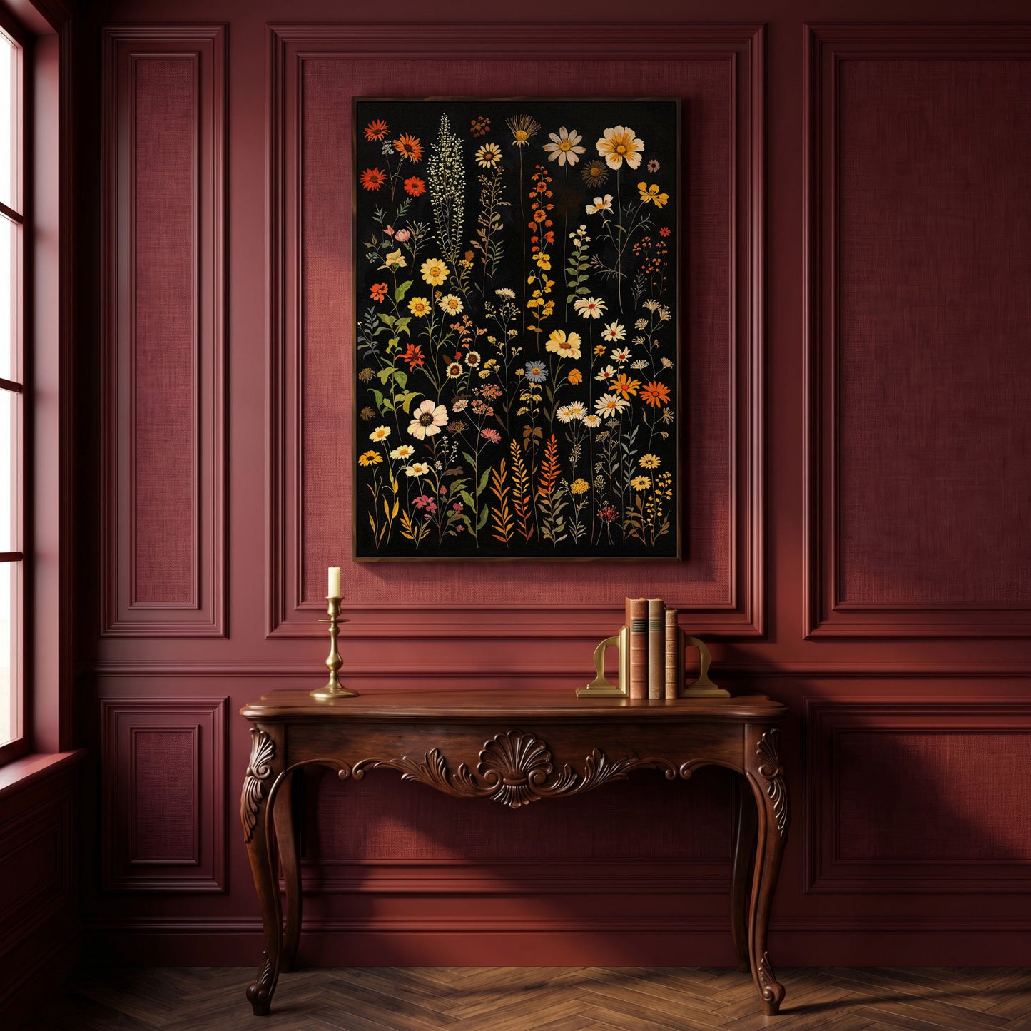 Dark Wildflower Canvas Print, Burnt Orange and Mustard in dark walnut floating frame