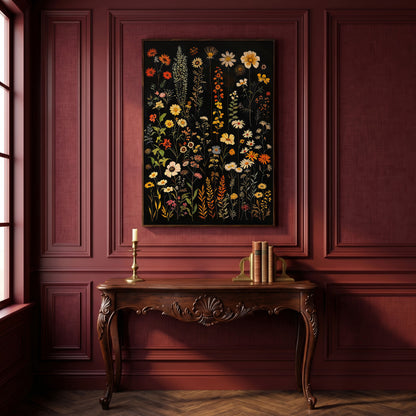 Dark Wildflower Canvas Print, Burnt Orange and Mustard in dark walnut floating frame