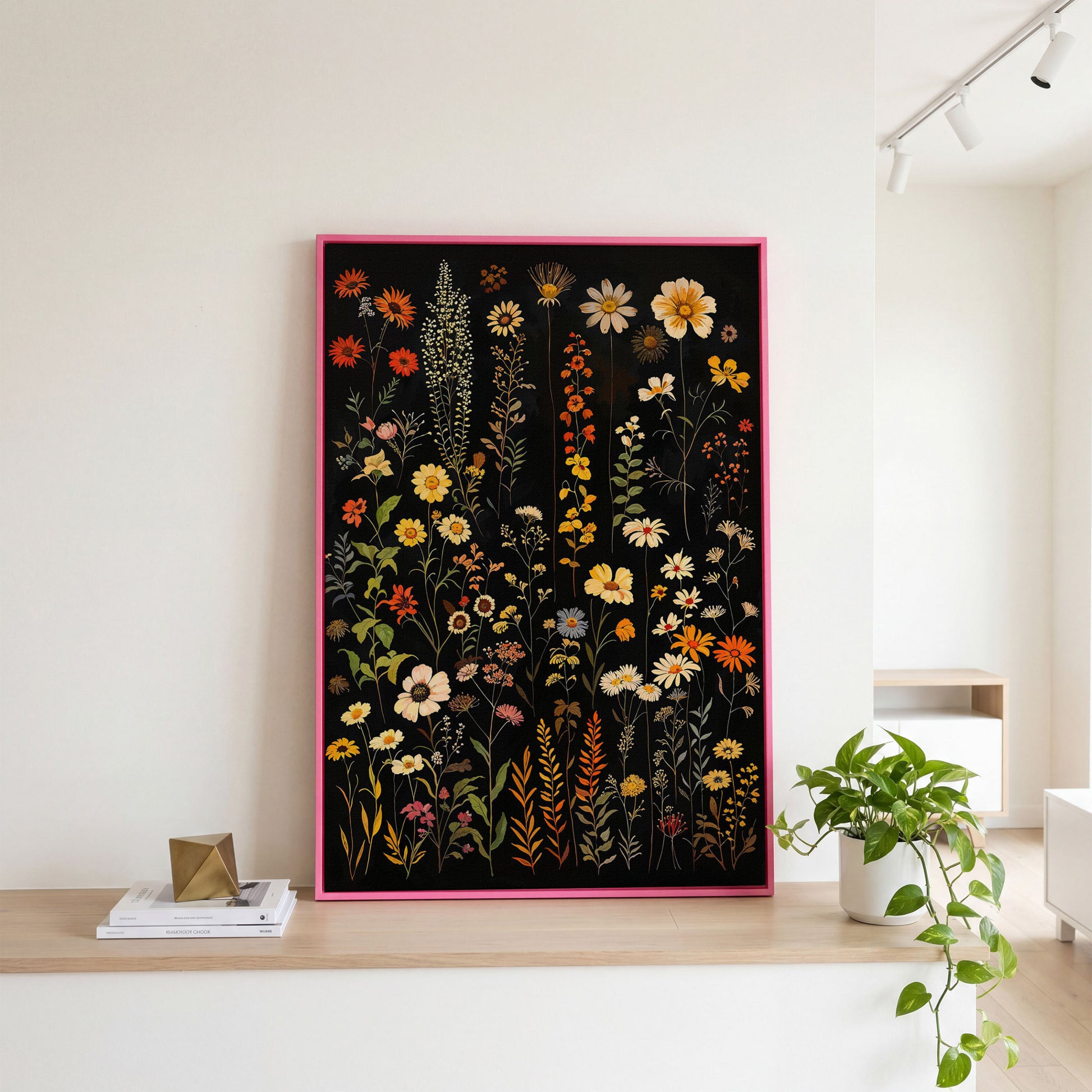 Dark Wildflower Canvas Print, Burnt Orange and Mustard in pink floating frame