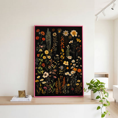 Dark Wildflower Canvas Print, Burnt Orange and Mustard in pink floating frame