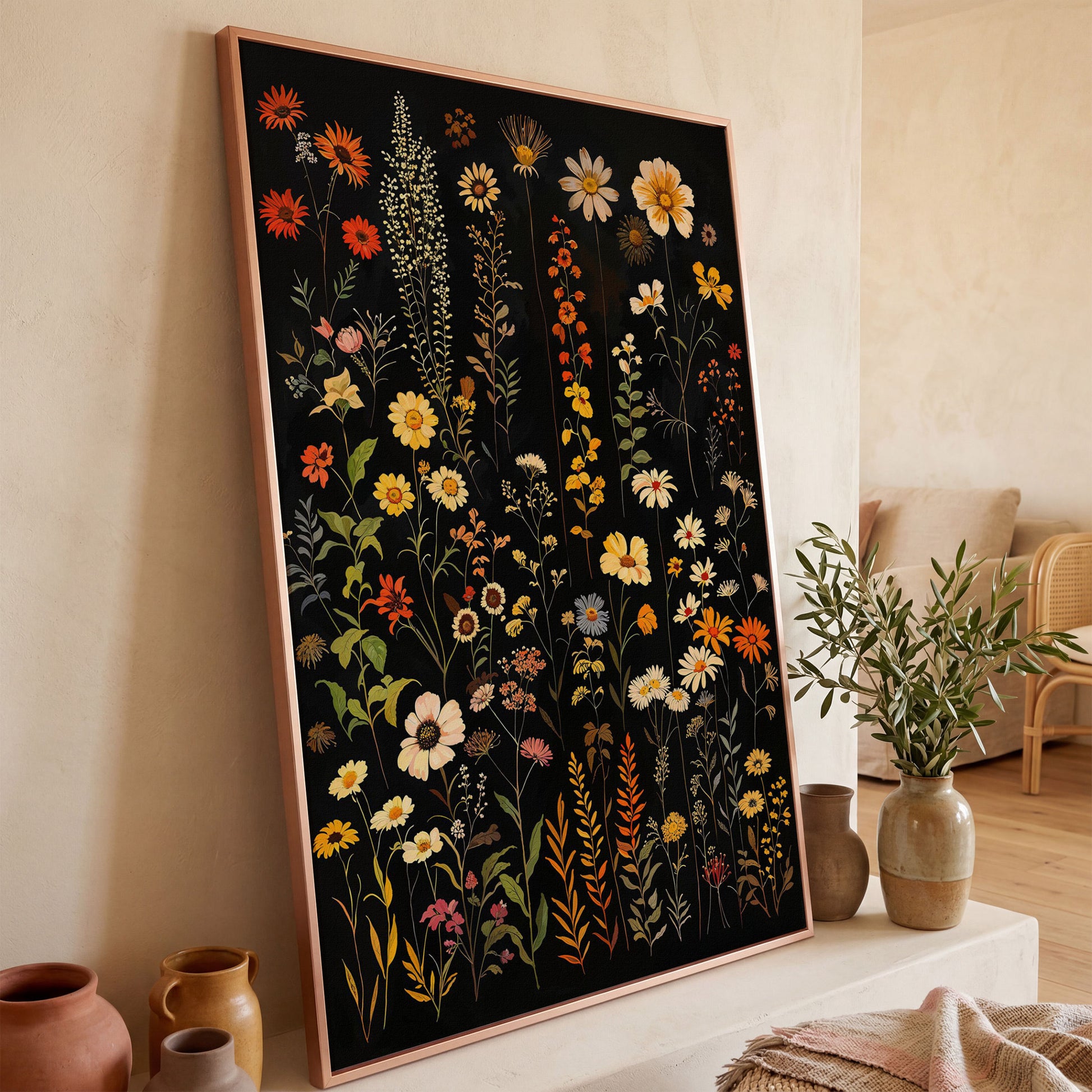 Dark Wildflower Canvas Print, Burnt Orange and Mustard in rose gold floating frame