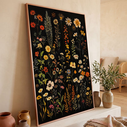 Dark Wildflower Canvas Print, Burnt Orange and Mustard in rose gold floating frame