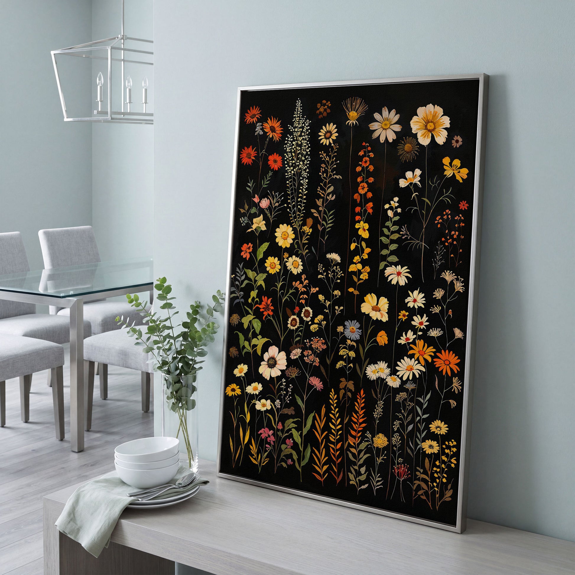 Dark Wildflower Canvas Print, Burnt Orange and Mustard in silver floating frame