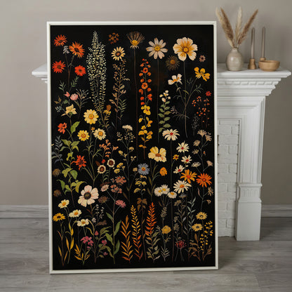 Dark Wildflower Canvas Print, Burnt Orange and Mustard in white floating frame