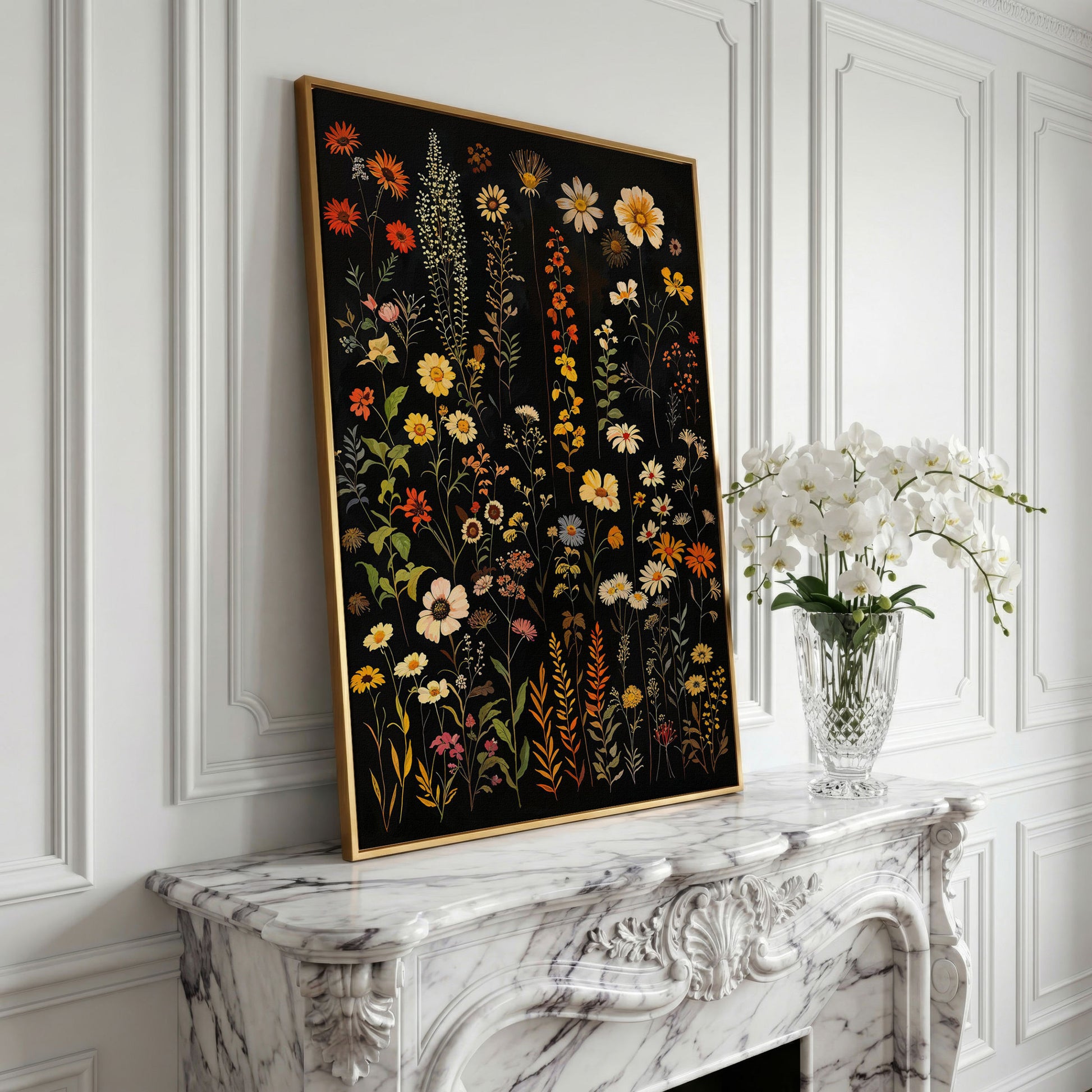 Dark Wildflower Canvas Print, Burnt Orange and Mustard in yellow gold floating frame