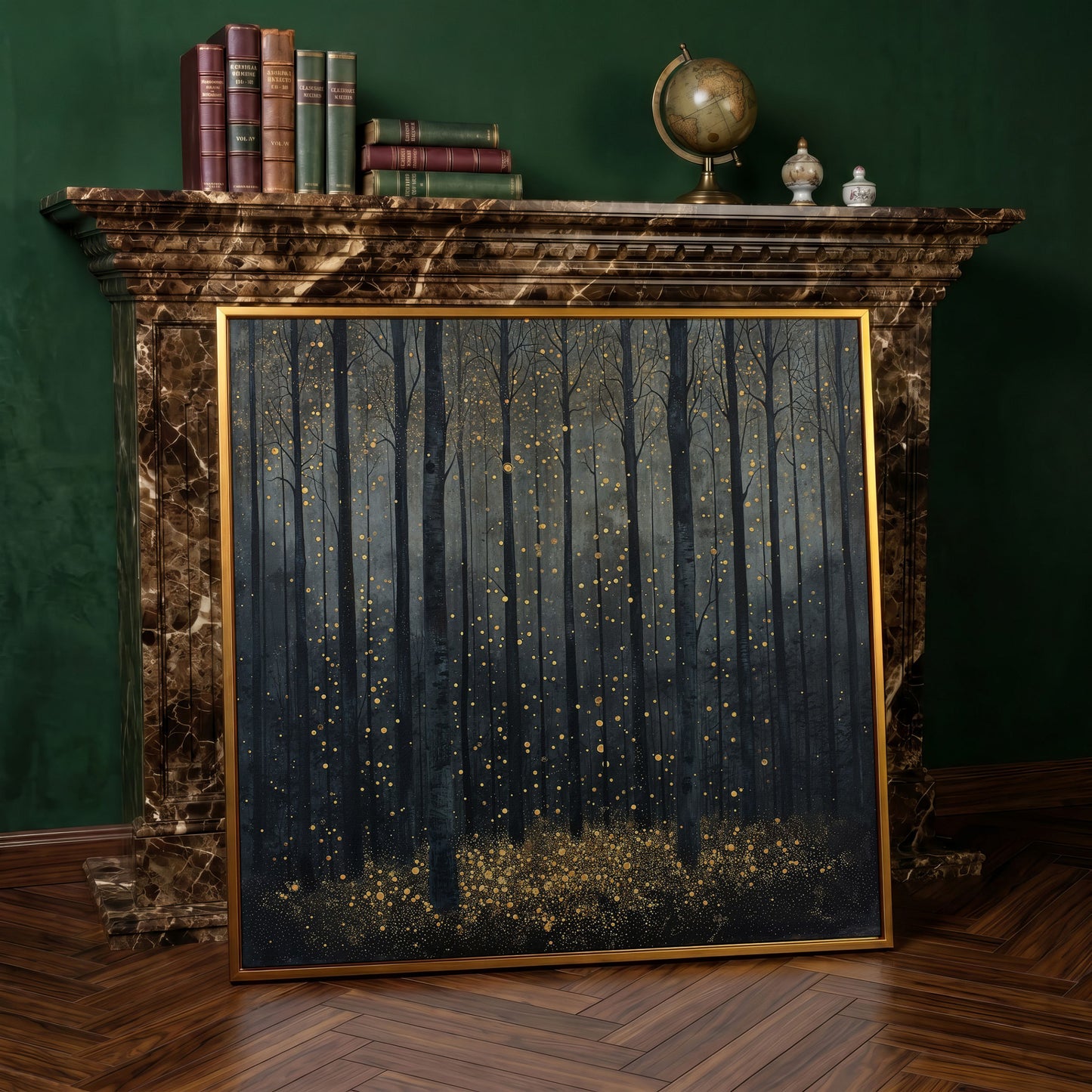 Mystical Forest Abstract with Golden Sparks Canvas in antique gold floating frame