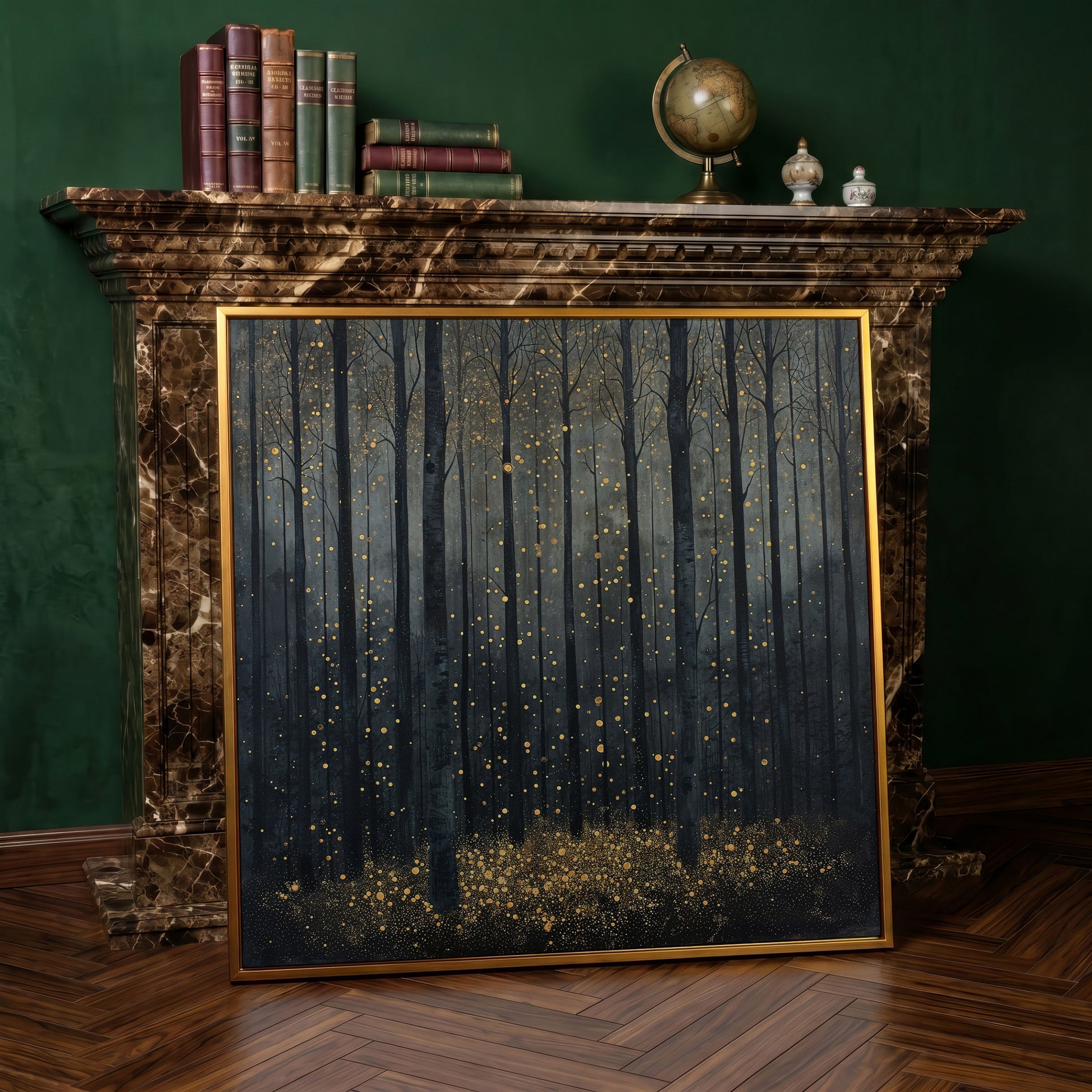 Mystical Forest Abstract with Golden Sparks Canvas in antique gold floating frame