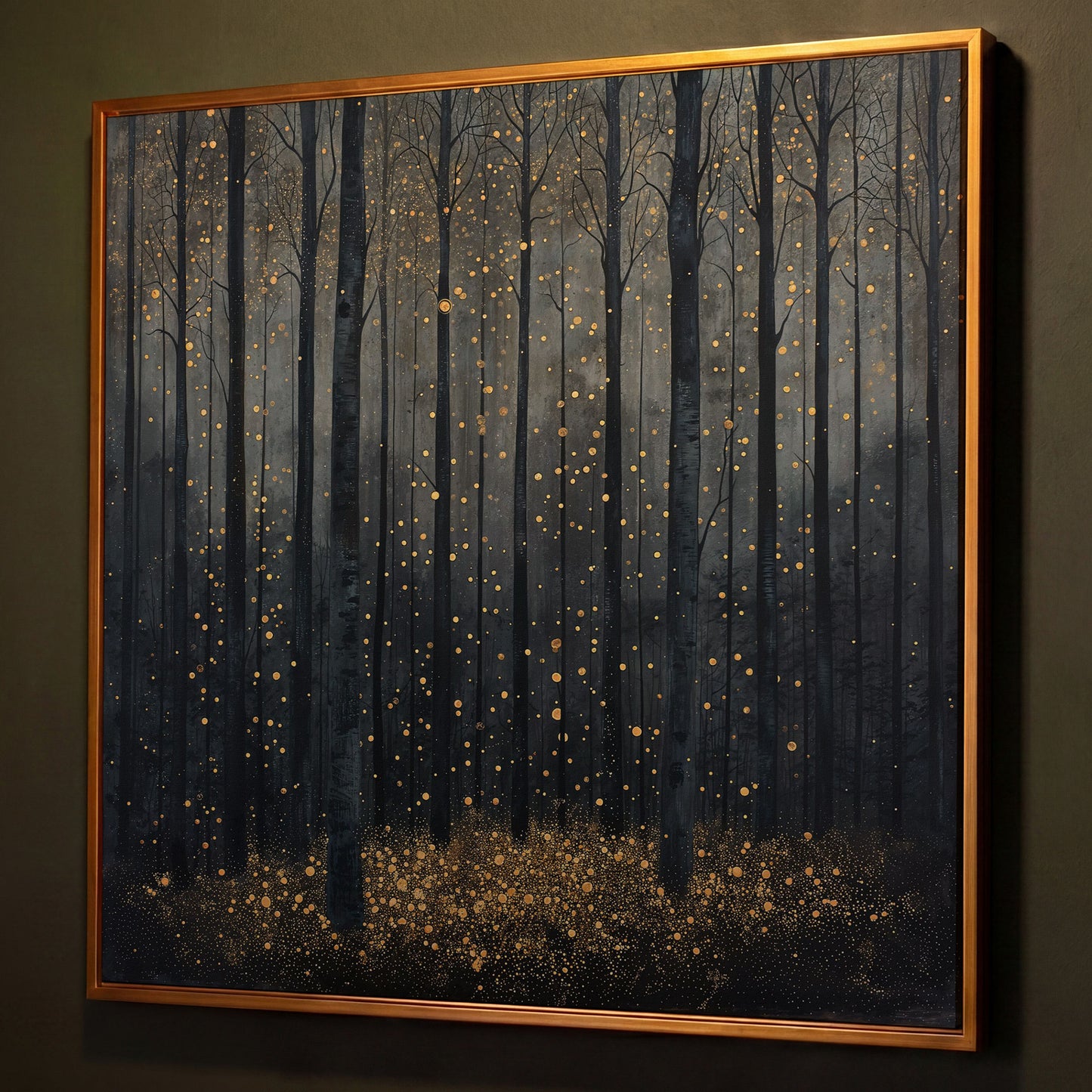 Mystical Forest Abstract with Golden Sparks Canvas shown in antique gold floating frame