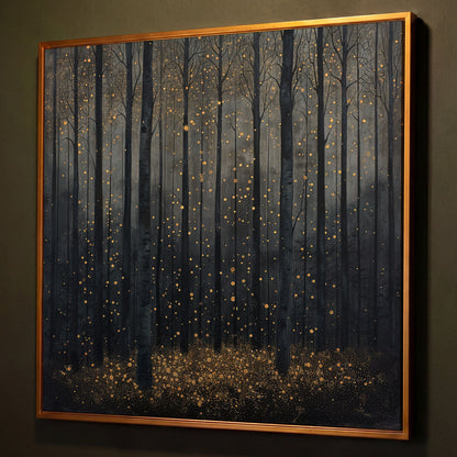 Mystical Forest Abstract with Golden Sparks Canvas shown in antique gold floating frame
