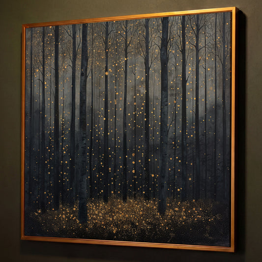 Mystical Forest Abstract with Golden Sparks Canvas shown in antique gold floating frame