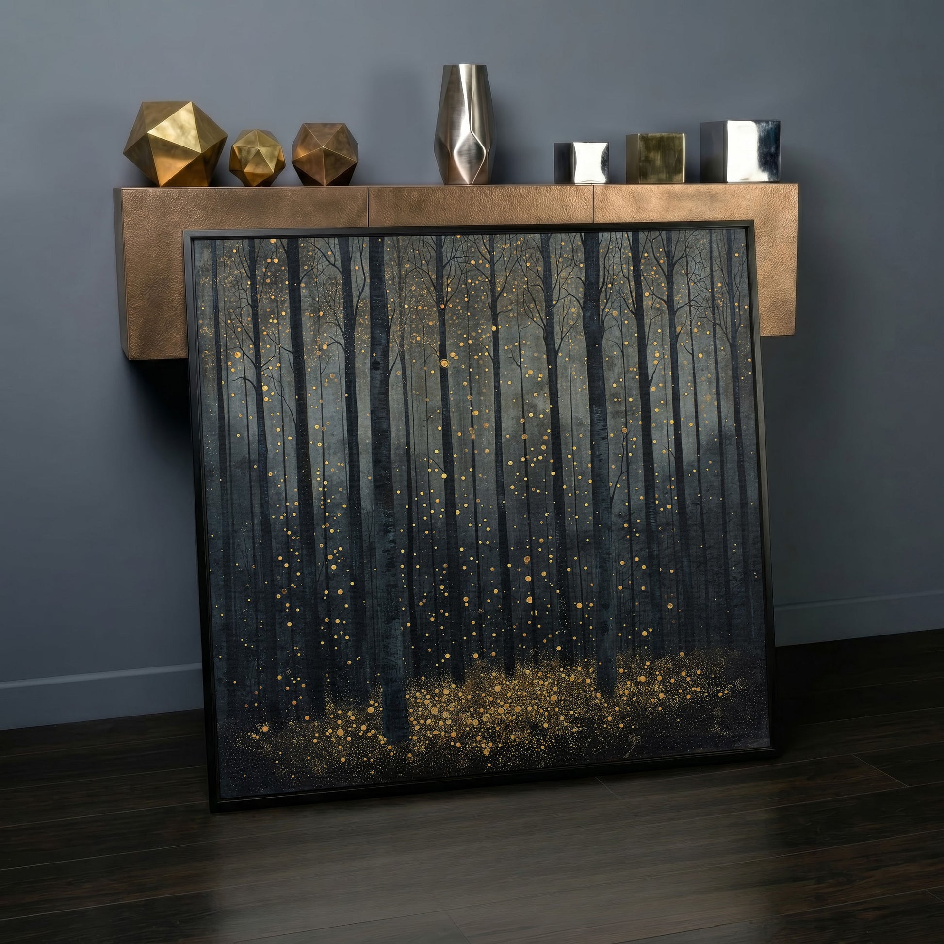 Mystical Forest Abstract with Golden Sparks Canvas in black floating frame