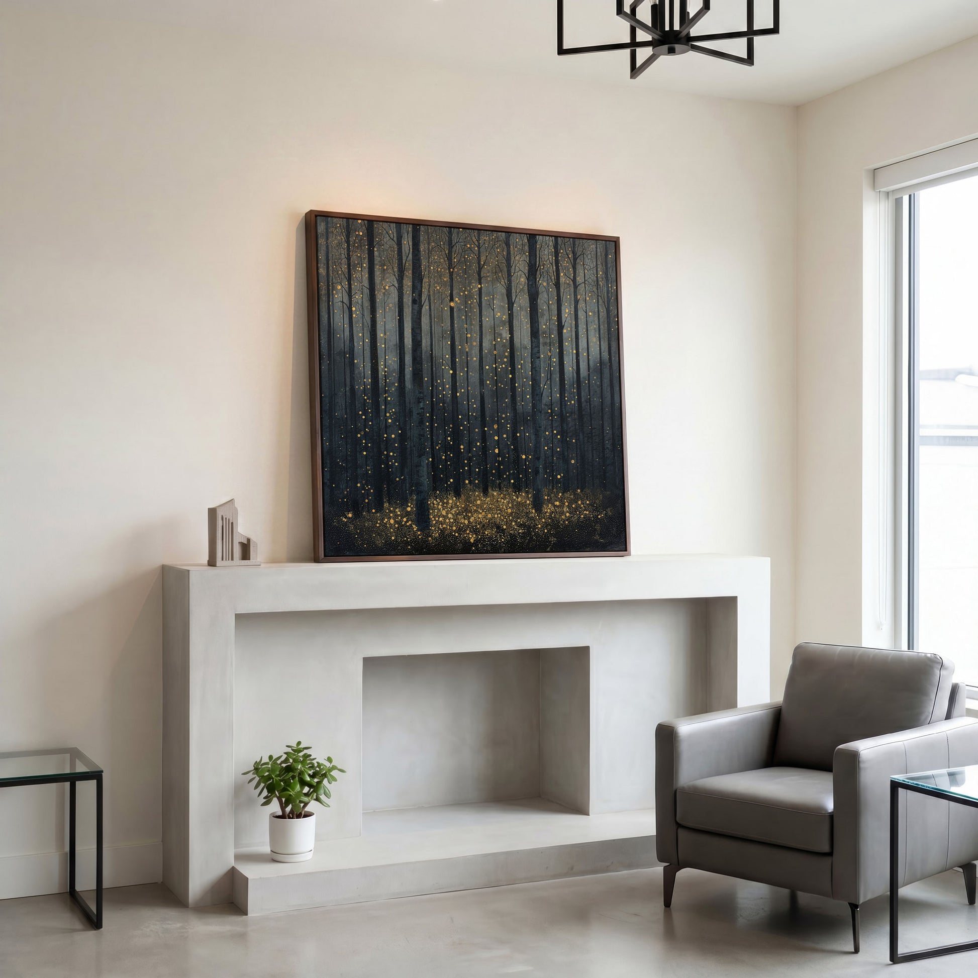 Mystical Forest Abstract with Golden Sparks Canvas in dark walnut floating frame