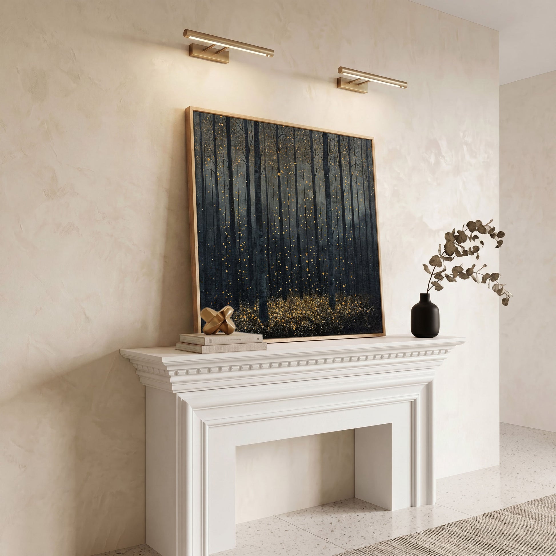 Mystical Forest Abstract with Golden Sparks Canvas in white oak floating frame