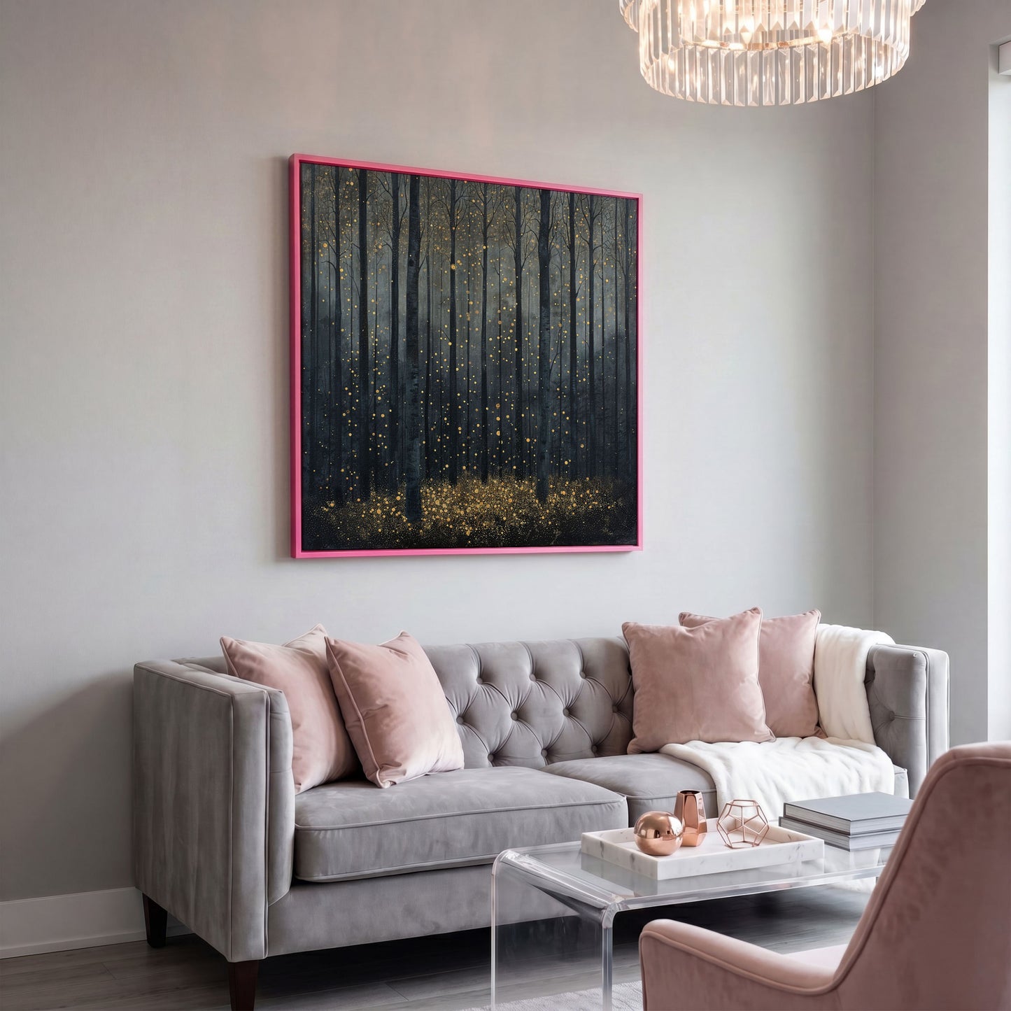 Mystical Forest Abstract with Golden Sparks Canvas in pink floating frame