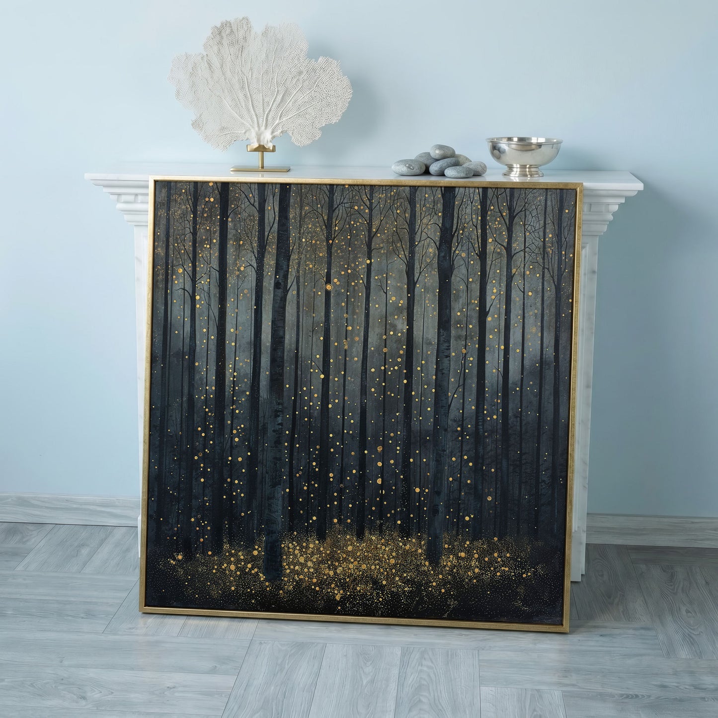 Mystical Forest Abstract with Golden Sparks Canvas in rose gold floating frame