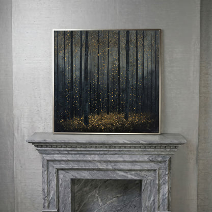 Mystical Forest Abstract with Golden Sparks Canvas in silver floating frame